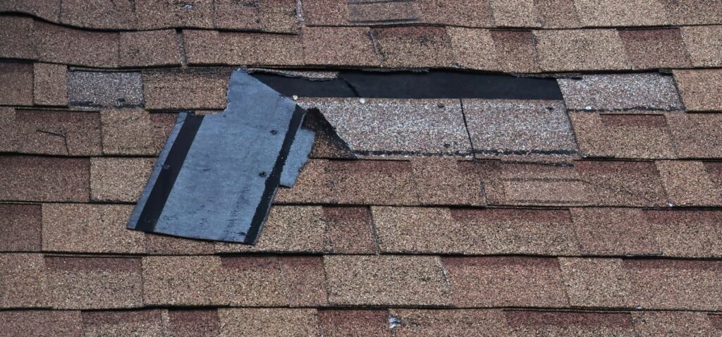 Damaged asphalt shingles with missing sections and exposed underlayment, showing the need for roof damage repair in Newton, NC.