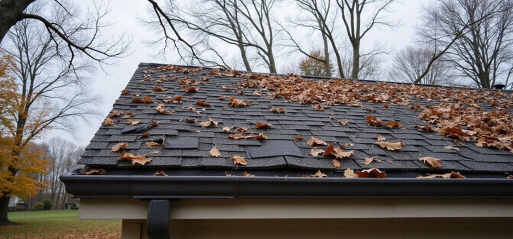Asphalt shingle roof covered with fallen leaves and debris along the edge and gutter during autumn.