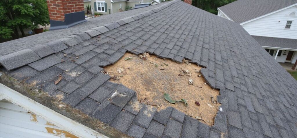 Large section of missing asphalt shingles exposing roof decking after storm damage on a home.