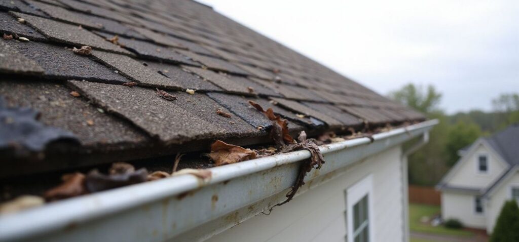 Worn asphalt shingle roof with clogged gutters and aging roof edges on a home in Conover, NC.
