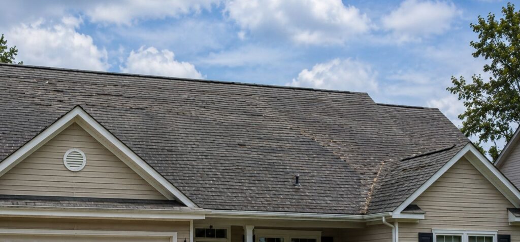 Older asphalt shingle roof on a suburban home showing signs that may indicate the need for roof replacement in Hickory, NC.